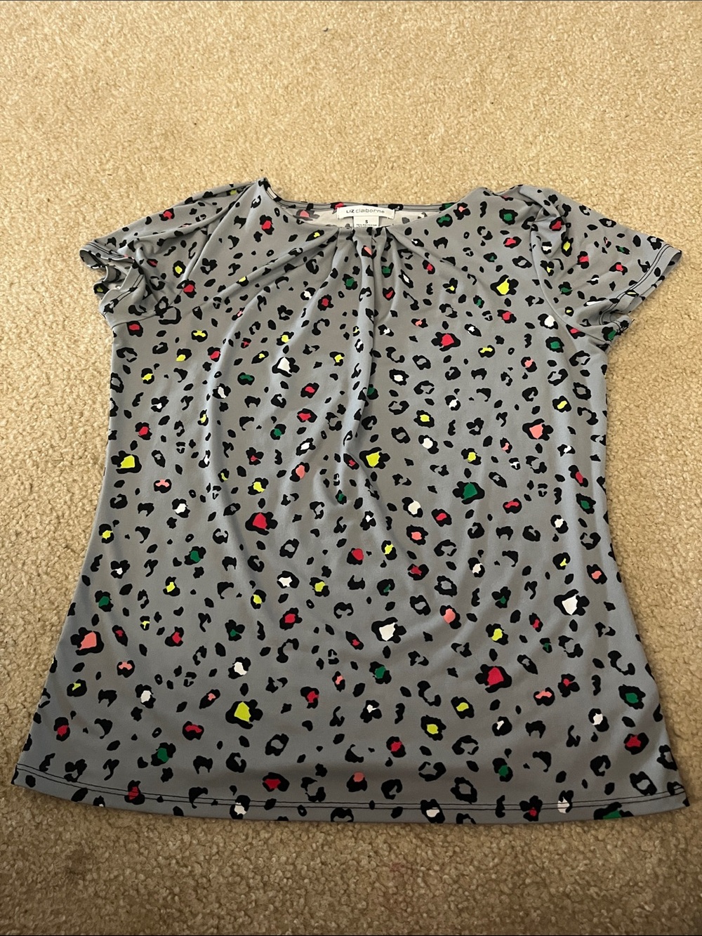Grey Leopard Print Short Sleeve Top with Colorful Spots